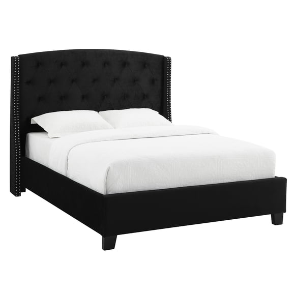 JERFIT King Size Upholstered Bed Frame with Wingback Headboard, Button Tufted Fabric with Nailhead Trim, Modern Black Bedroom Furniture