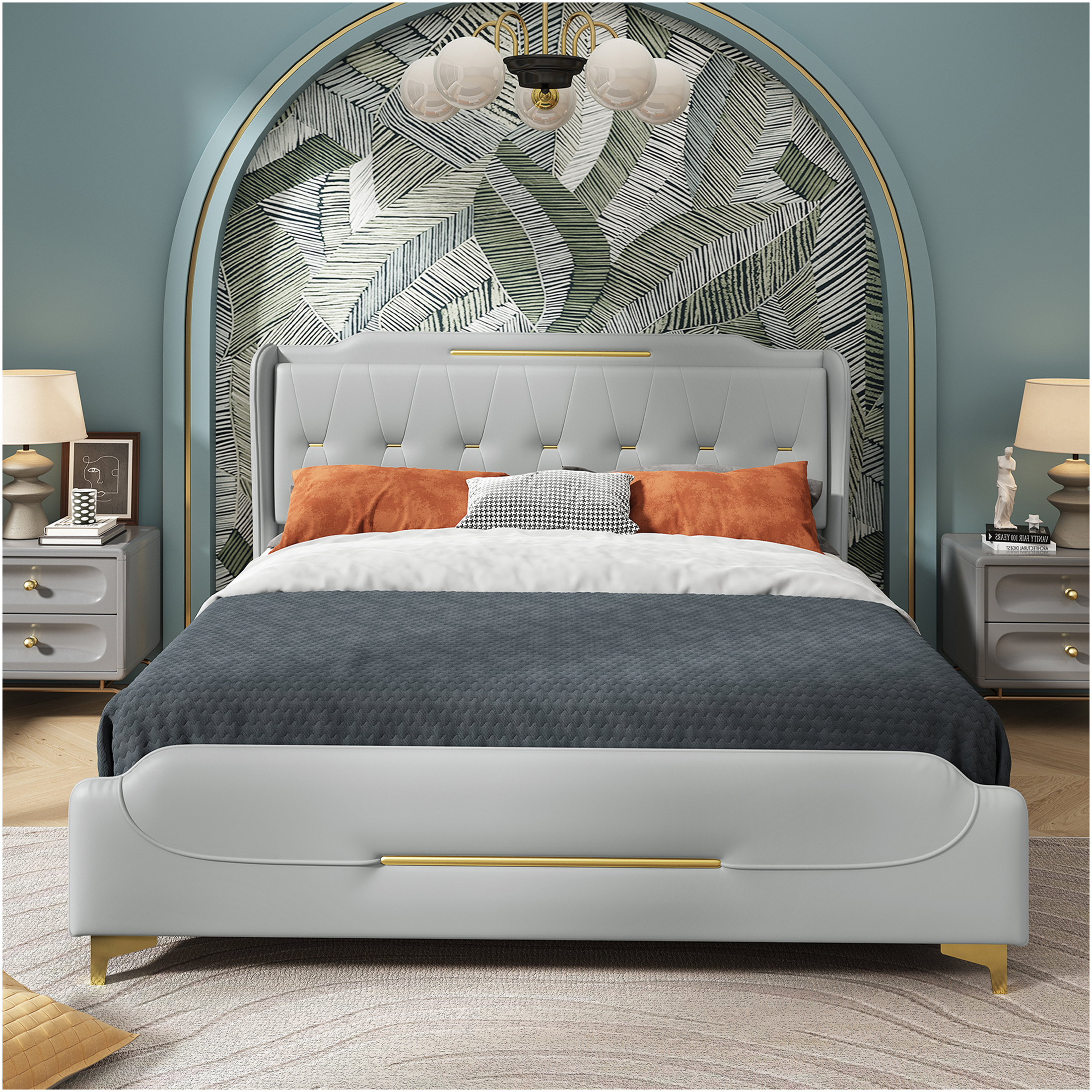 JERFIT King Size Upholstered Bed Frame with Wingback Headboard, Grey PU Leather Platform Bed with Gold Metal Accents, No Box Spring Needed