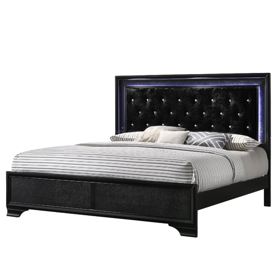 JERFIT King Size Upholstered Bed with LED Headboard, Modern Black Faux Leather Platform Bed Frame with Diamond Tufting and Crystal Decor