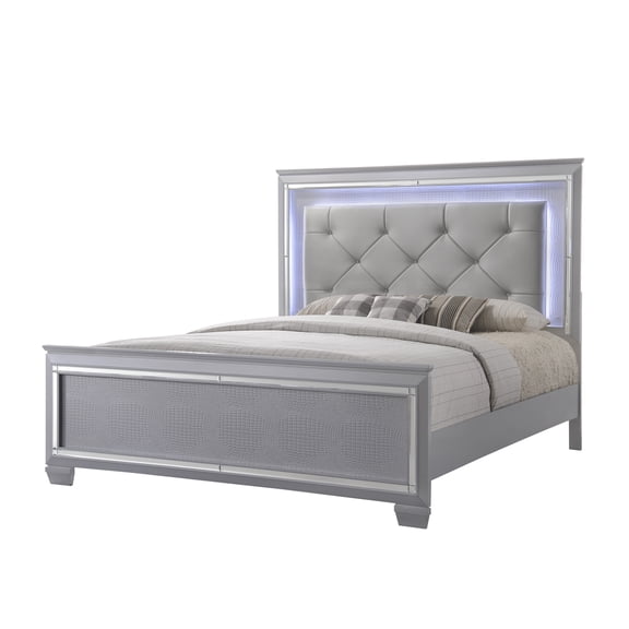 JERFIT King Size Upholstered LED Bed with Beveled Mirror, Modern Faux Leather Platform Bed Frame with Lighted Headboard, Silver Beige