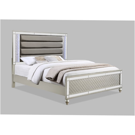 JERFIT King Size Upholstered Panel Bed with LED Light Mirror Accents, Champagne Faux Leather Wood Frame, Modern Glam Bedroom Furniture