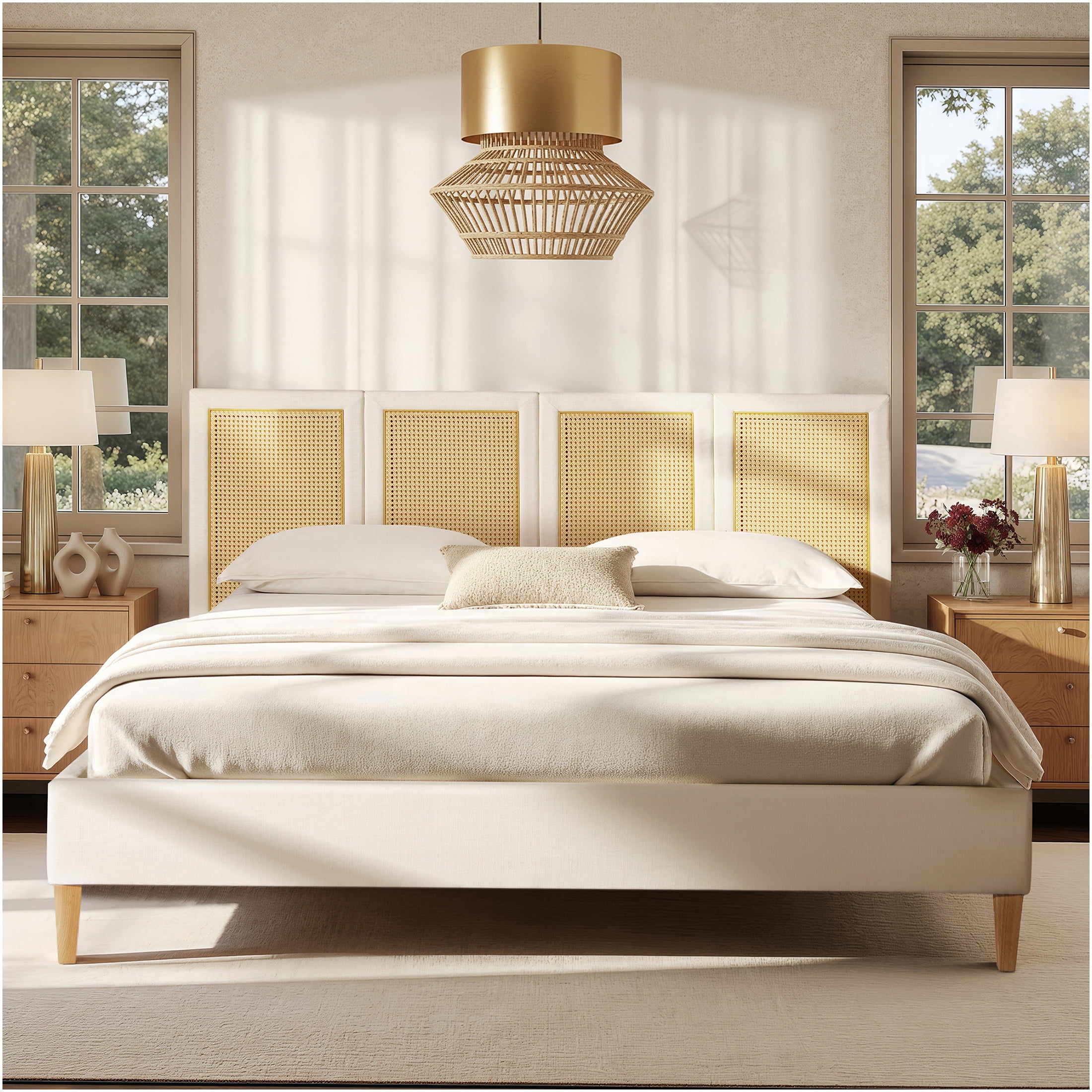 JERFIT King Size Upholstered Platform Bed Frame with Cane Rattan Headboard, Bohemian Coastal Bedroom Furniture in Antique White