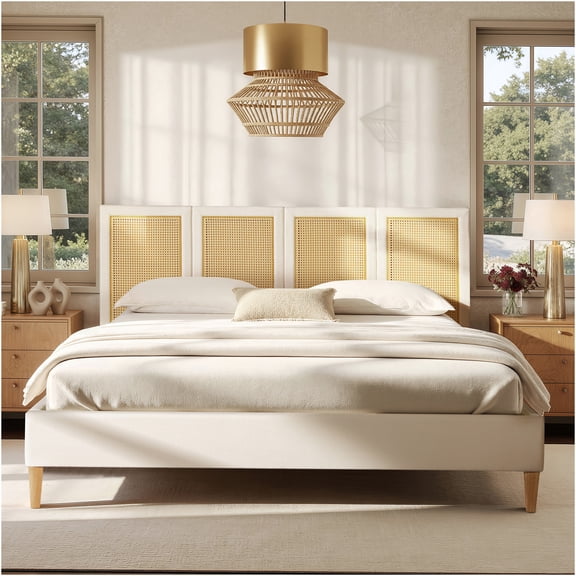 JERFIT King Size Upholstered Platform Bed Frame with Cane Rattan Headboard, Bohemian Coastal Bedroom Furniture in Antique White
