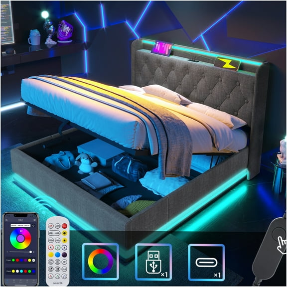 JERFIT King Size Upholstered Storage Bed with 360 LED, USB-C Charging, Hydraulic Lift, Remote Control, Gray Linen Fabric