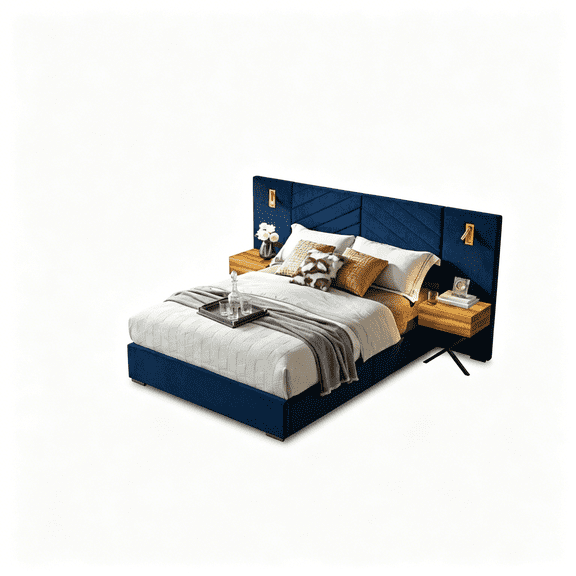 JERFIT King Size Velvet Bed Frame with Wingback Headboard, Upholstered Platform Bed, No Box Spring Needed, Easy Assembly in Retro Blue