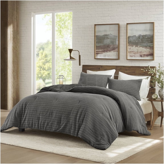JERFIT King Size Waffle Weave Comforter Set, 3-Piece Oversized All Season Bedding, 100% Cotton, Charcoal Gray