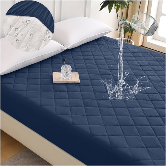 JERFIT King Size Waterproof Fitted Sheet, Ultrasonic Diamond Quilted Mattress Protector Cover, Antique Navy Blue Cotton