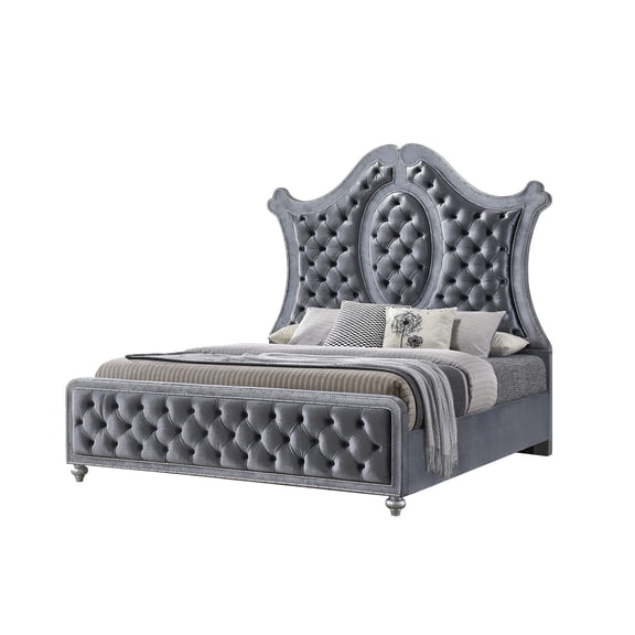 JERFIT King Upholstered Bed Frame with Diamond Tufted Headboard, Modern Gray Fabric Platform Bed with Nailhead Trim, No Box Spring Needed