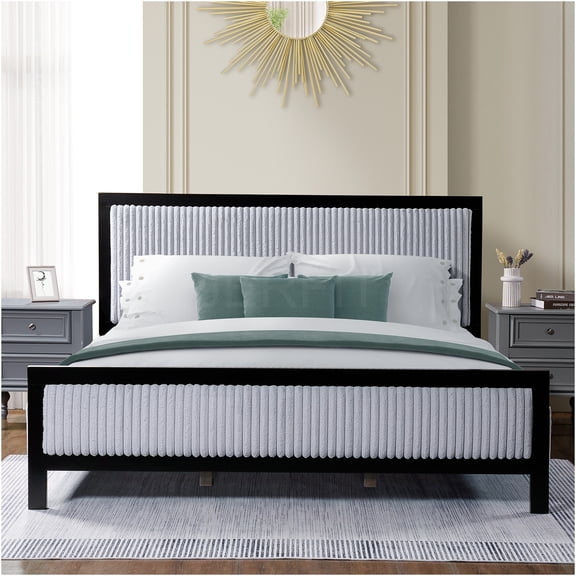 JERFIT King Upholstered Bed Frame with Plush Headboard, 800lbs Support, Noise-Free Wood Slats, Easy Assembly, Black and Grey Modern Platform Bed