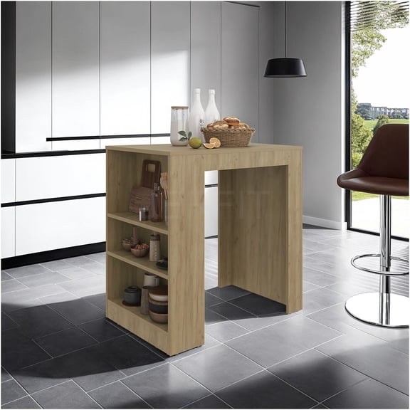 JERFIT Kitchen Island Cart with Shelves, Natural Oak Finish Mobile Kitchen Cart, Rolling Kitchen Island with Storage, Butcher Block Table for Small Spaces