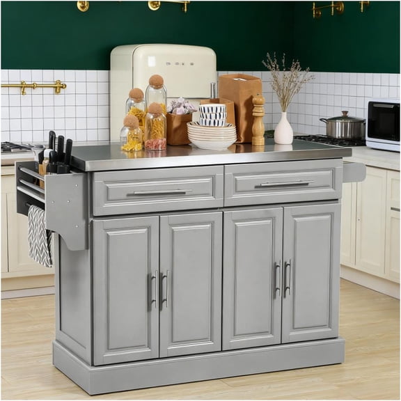 JERFIT Kitchen Island Cart on Wheels with Storage, Stainless Steel Countertop, 2 Drawers, Spice Rack, Knife Holder, Towel Bar, Mobile Kitchen Organizer Cart, Gray