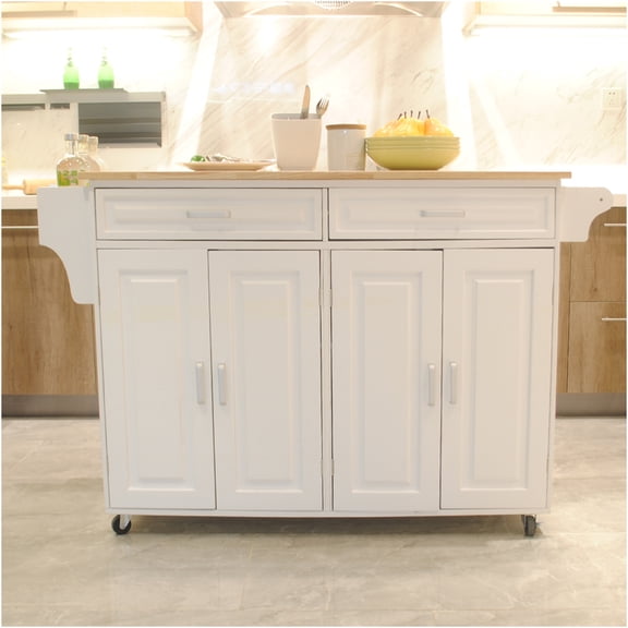 JERFIT Kitchen Island Cart on Wheels with Butcher Block Top, White Mobile Kitchen Cabinet with Drawers, Storage Shelves and Towel Rack