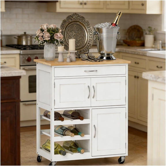 JERFIT Kitchen Island Cart on Wheels with Butcher Block Top, Wine Rack, Drawer & Storage Cabinet, White Mobile Kitchen Workstation