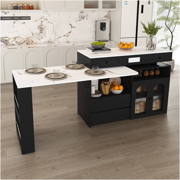 JERFIT Kitchen Island on Wheels with Extendable Rotating Table, Retro Marble Finish, Storage Drawers & Glass Cabinet, Built-in Outlet, Mobile Dining Cart for Small Spaces