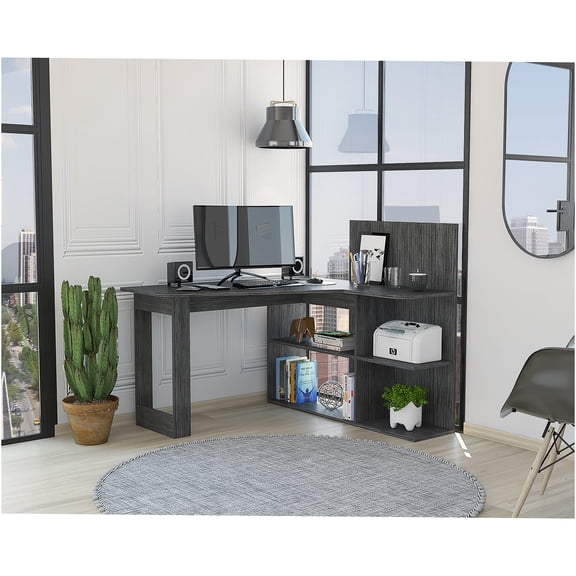 JERFIT L-Shaped Computer Desk with Storage, Corner Gaming Desk with Drawer, Shelves & CPU Stand, Home Office Desk for Small Spaces, Gray