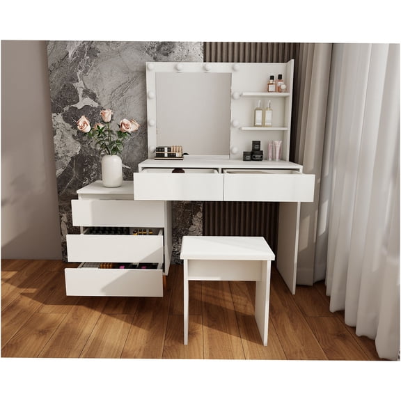 JERFIT LED Makeup Vanity Table Set with Lighted Mirror, Stool, Drawers - Ancient White Melamine Beauty Dressing Station with Organizer for Bedroom