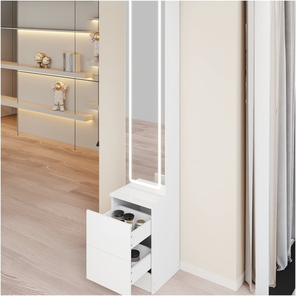JERFIT LED Mirror Cabinet with Lights, Full Length Dressing Mirror with Adjustable Brightness, White Makeup Organizer Jewelry Storage, Wall Mounted Cosmetic Cabinet