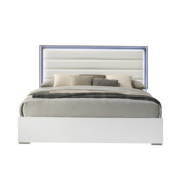 JERFIT LED Modern Upholstered Full Bed Frame with Light Up Headboard, White Wood Platform Bed, No Box Spring Needed, Contemporary Bedroom Furniture