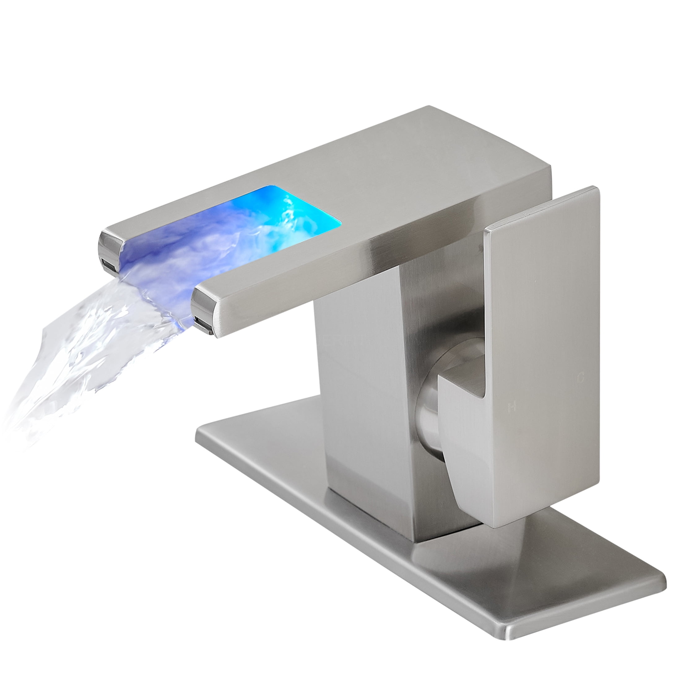 JERFIT LED Waterfall Bathroom Sink Faucet, Single Handle Single Hole Deck Mount Brushed Nickel, Temperature Changing Light