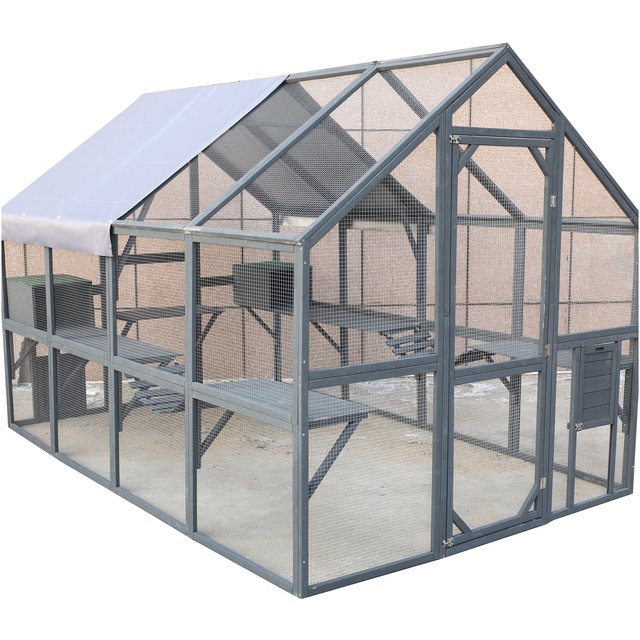 JERFIT Large 110" Outdoor Catio Enclosure with Roof, 2 Bridges & 2 Houses - Gray Wooden Cat Run for Indoor/Outdoor Cats