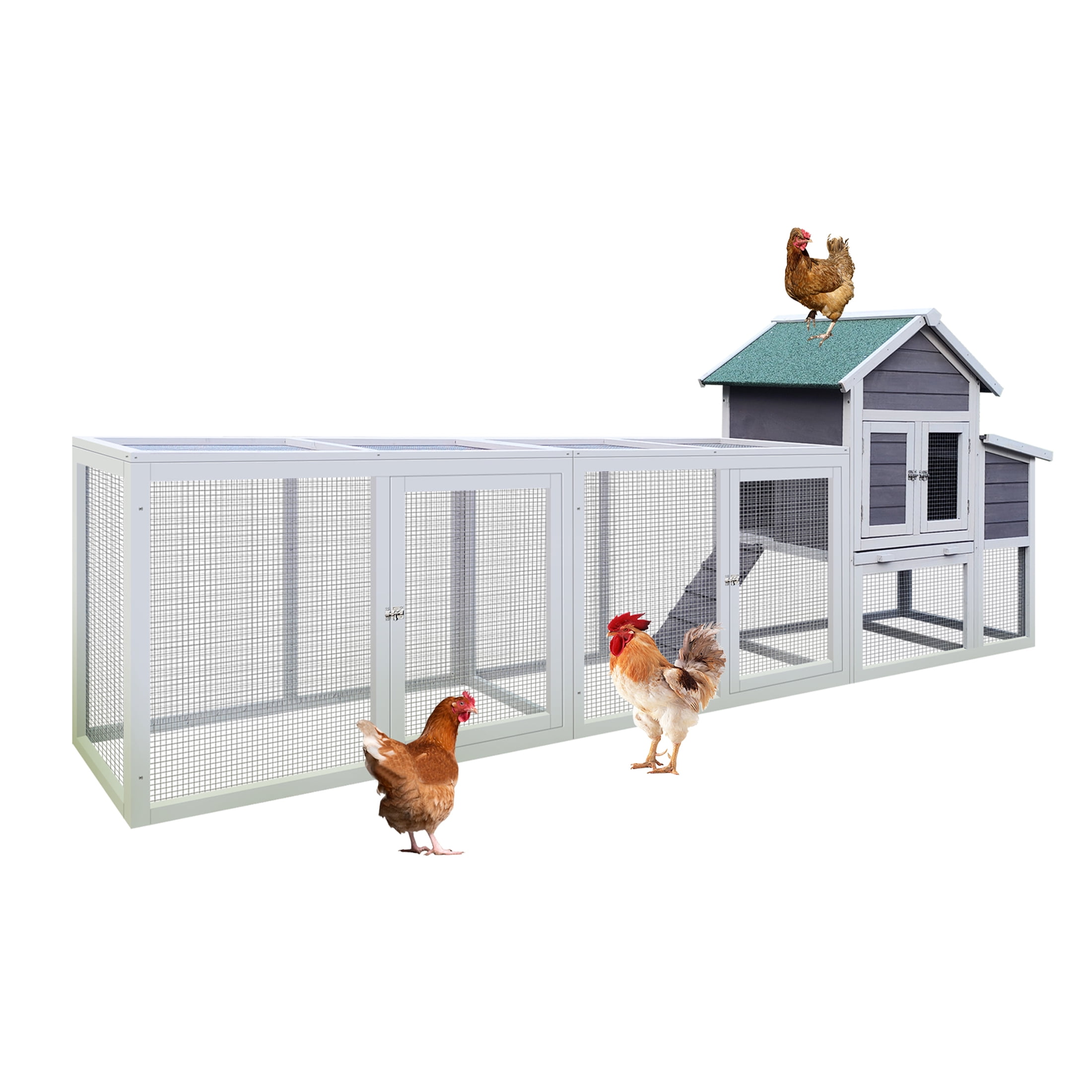 JERFIT Large 122" Outdoor Wooden Chicken Coop with Run, Waterproof Roof, Nesting Box & Ramp for Chickens, Ducks, Rabbits, Gray Hutch