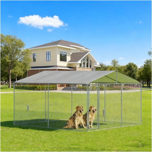 JERFIT Large 13x13x7.6ft Outdoor Dog Kennel with Roof Cover, Heavy Duty Steel Welded Wire Pet Playpen Yard Fence Run for Big Dogs, Silver