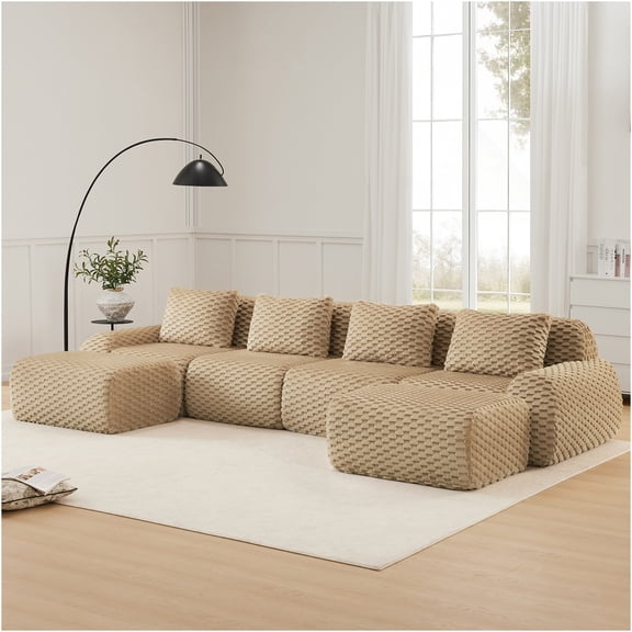 JERFIT Large 146" U-Shaped Sectional Sofa with Ottoman, 4-Piece Modular Flannelette Couch for Living Room, No Assembly, Light Camel