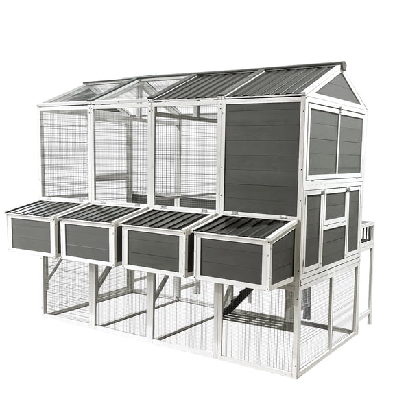 JERFIT Large 3-Tier Walk-in Chicken Coop & Run with Nesting Boxes, Outdoor Wooden Poultry House Hutch for 10 Chickens, Gray