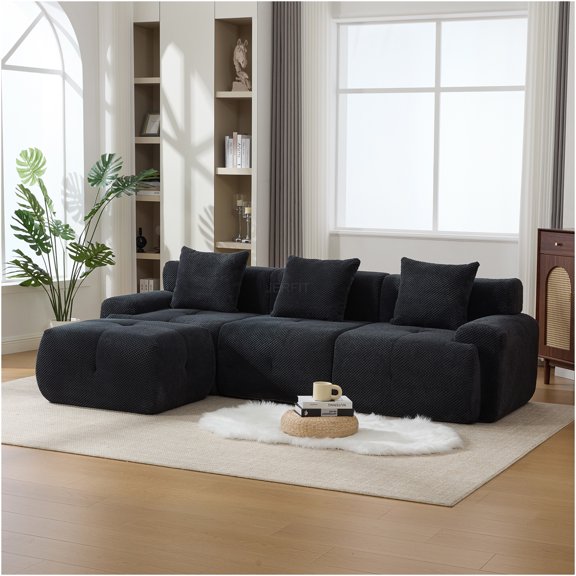 JERFIT Large 4-Piece Modular Sectional Sofa with Ottoman, L-Shaped Convertible Cloud Couch Set, Deep Seating for Living Room, Charcoal Polyester Fabric