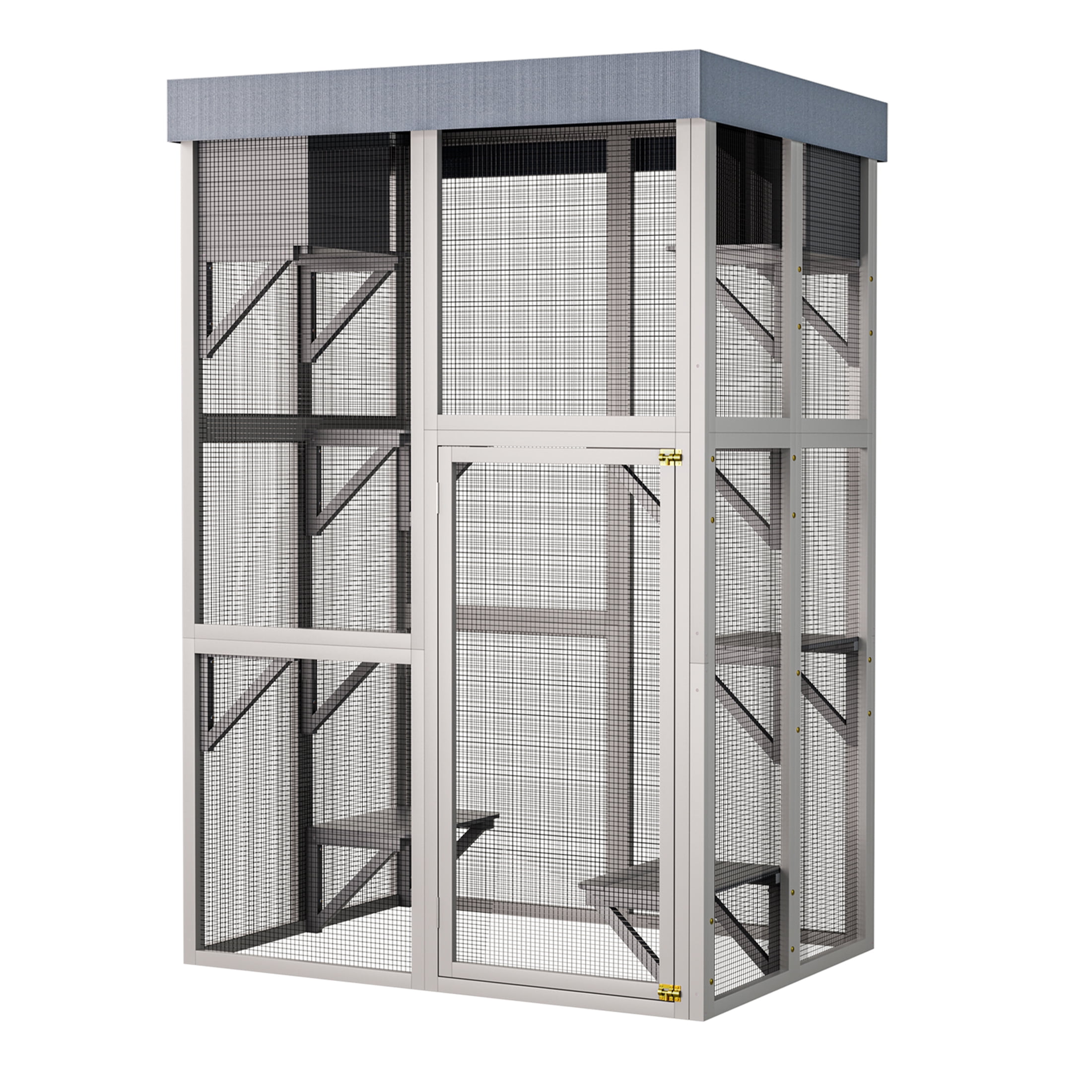 JERFIT Large 70.5 Inch Outdoor Wooden Catio Enclosure with Sunbathing Deck, 6 Platforms & 2 Condos, Waterproof Cover, Gray Cat Playpen