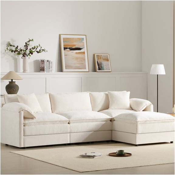 JERFIT Large Cream Chenille Modular Sectional Sofa with Ottoman, L-Shaped 4-Seater Cloud Couch for Living Room, Deep Comfort Fabric Sofa Set