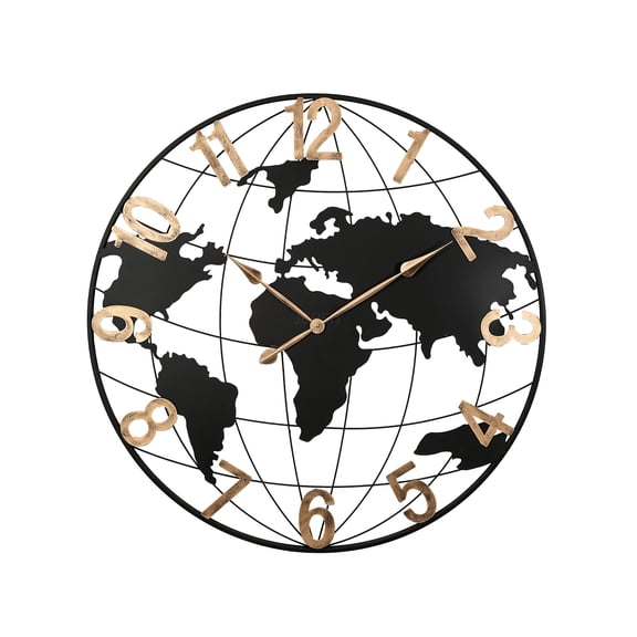 JERFIT Large Decorative Wall Clock, World Map Design with Vintage Gold Numerals, Silent Non-Ticking, Metal Frame for Living Room, Bedroom, Office Decor