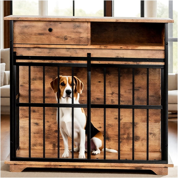 JERFIT Large Dog Crate Furniture with Storage Drawer, Wooden Dog Kennel End Table for Medium & Large Dogs, Walnut Finish