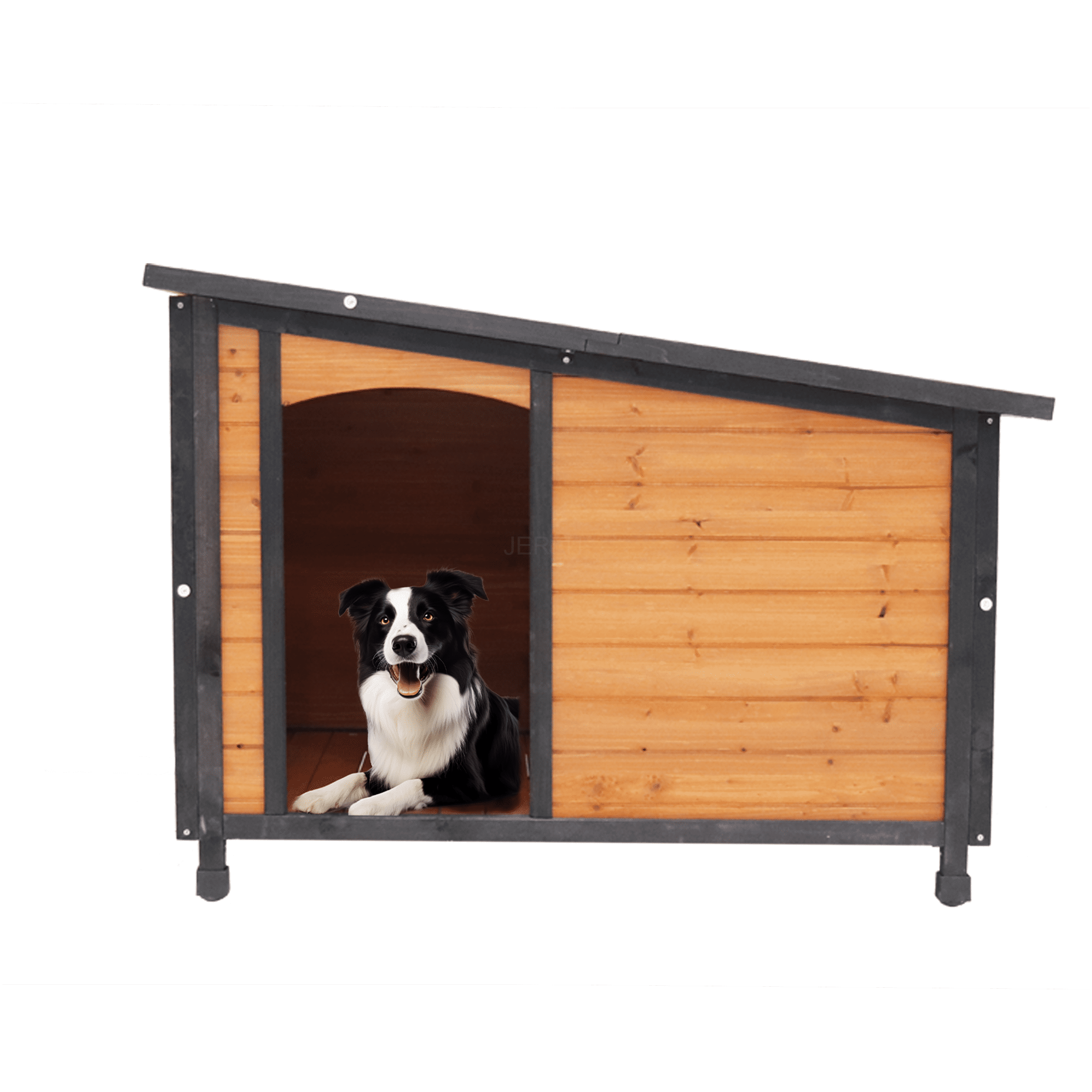 JERFIT Large Dog House Outdoor Indoor Wooden Kennel with Waterproof Roof & Raised Floor, 46 Inch Solid Wood Pet Villa for Winter, Gold Red & Black