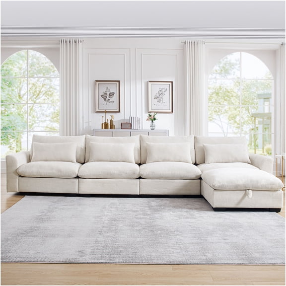 JERFIT Large L-Shaped Corduroy Sectional Sofa with Storage Ottoman and Pillows, Modular Deep Seating Couch for Living Room, Beige