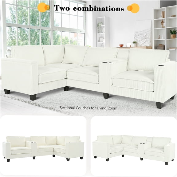 JERFIT Large L-Shaped Sectional Sofa with Storage, USB Charging, Reversible Chaise, Beige Corduroy Fabric