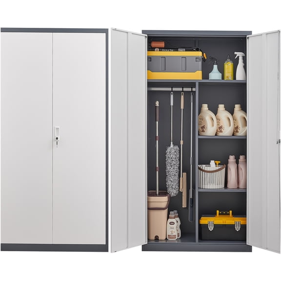JERFIT Large Lockable Metal Wardrobe Closet with Hanging Rod, Waterproof & Fireproof Steel Storage Cabinet for Bedroom, Living Room & Laundry Room in Grey