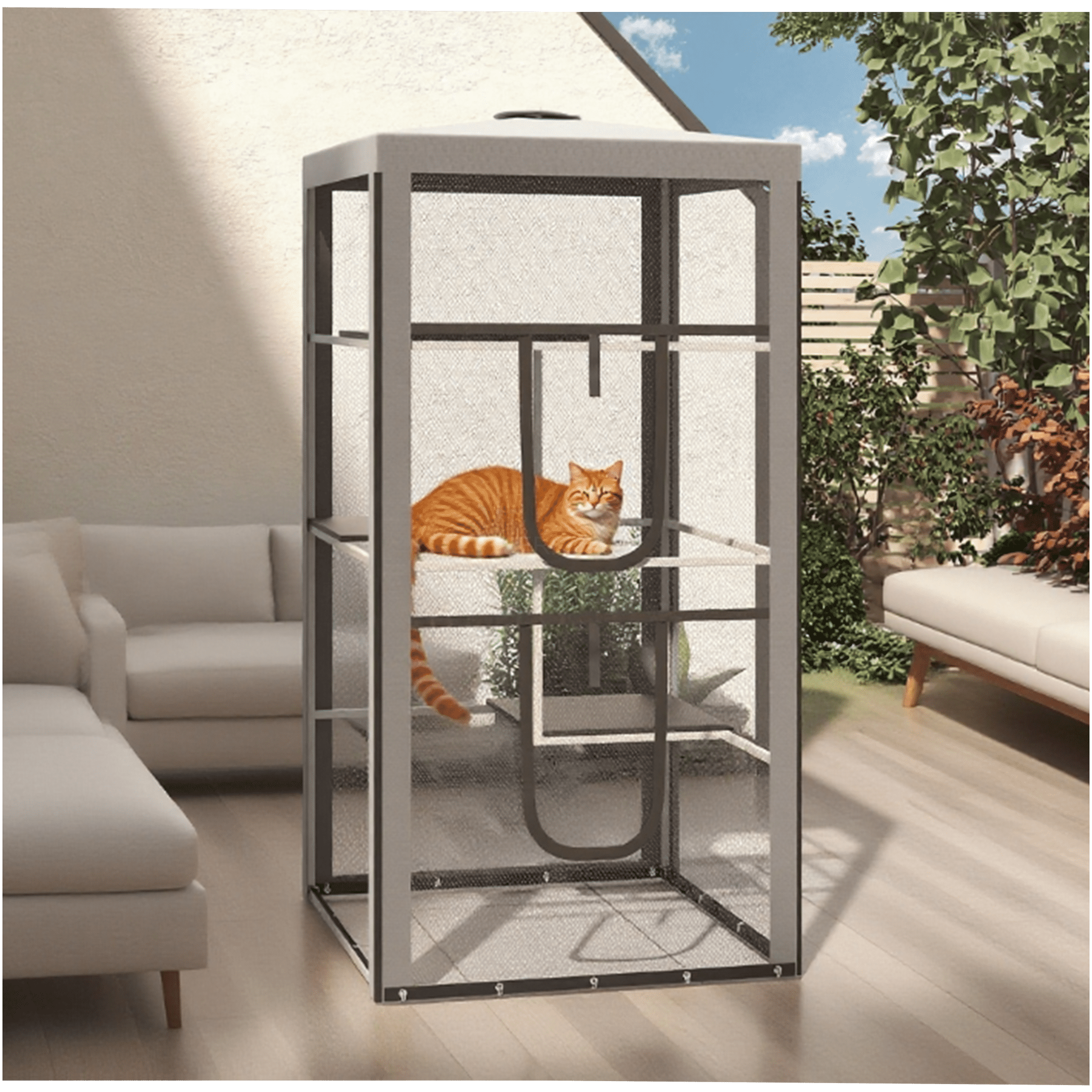 JERFIT Large Outdoor Cat Enclosure with 3 Platforms, Grey Metal Indoor Outdoor Cat Playpen Cage for Multiple Cats, Heavy Duty Catio with Zippered Door