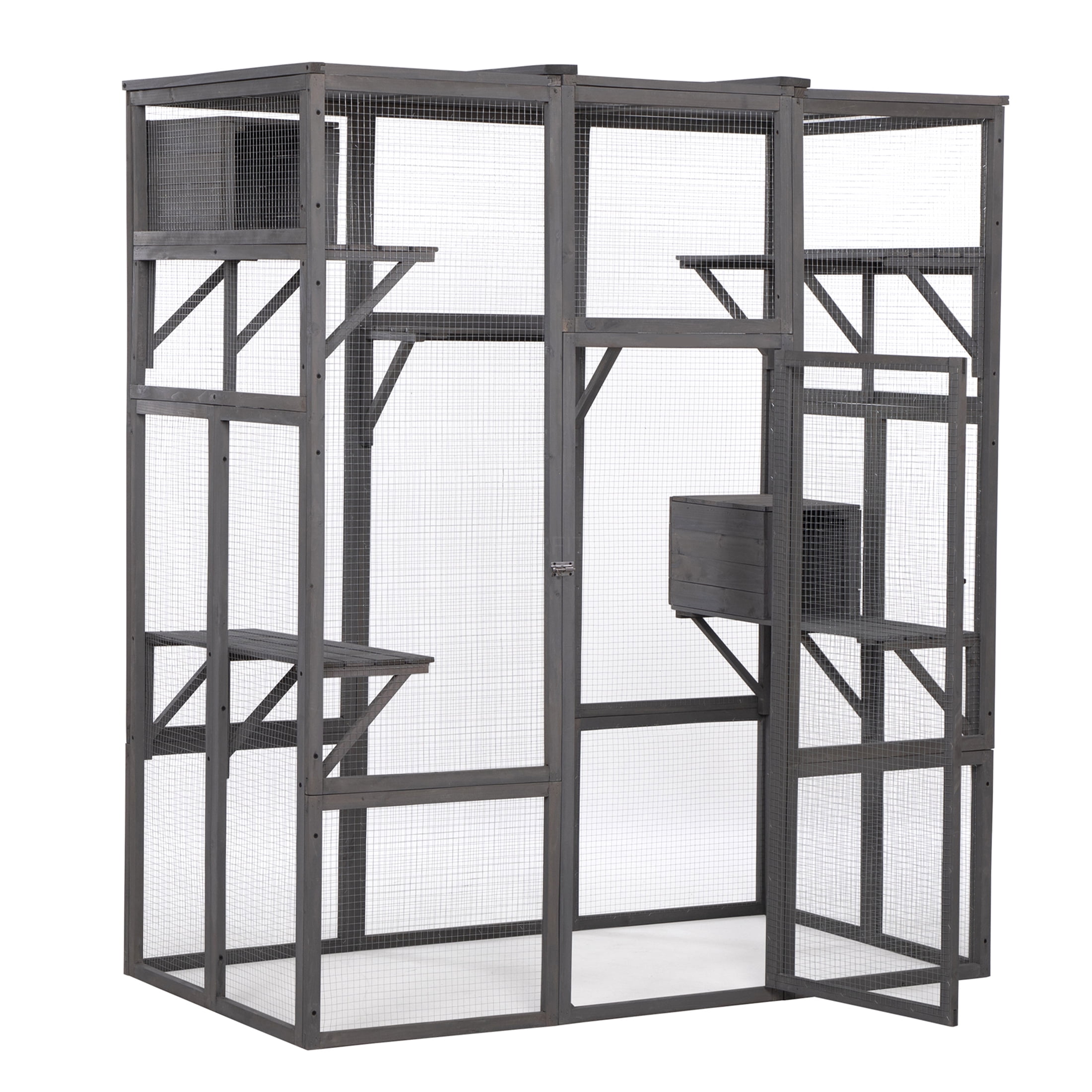 JERFIT Large Outdoor Cat Enclosure with Roof, Multi-Level Indoor/Outdoor Cat Cage Playpen with Lockable Door, Wooden Catio for Multiple Cats, Gray