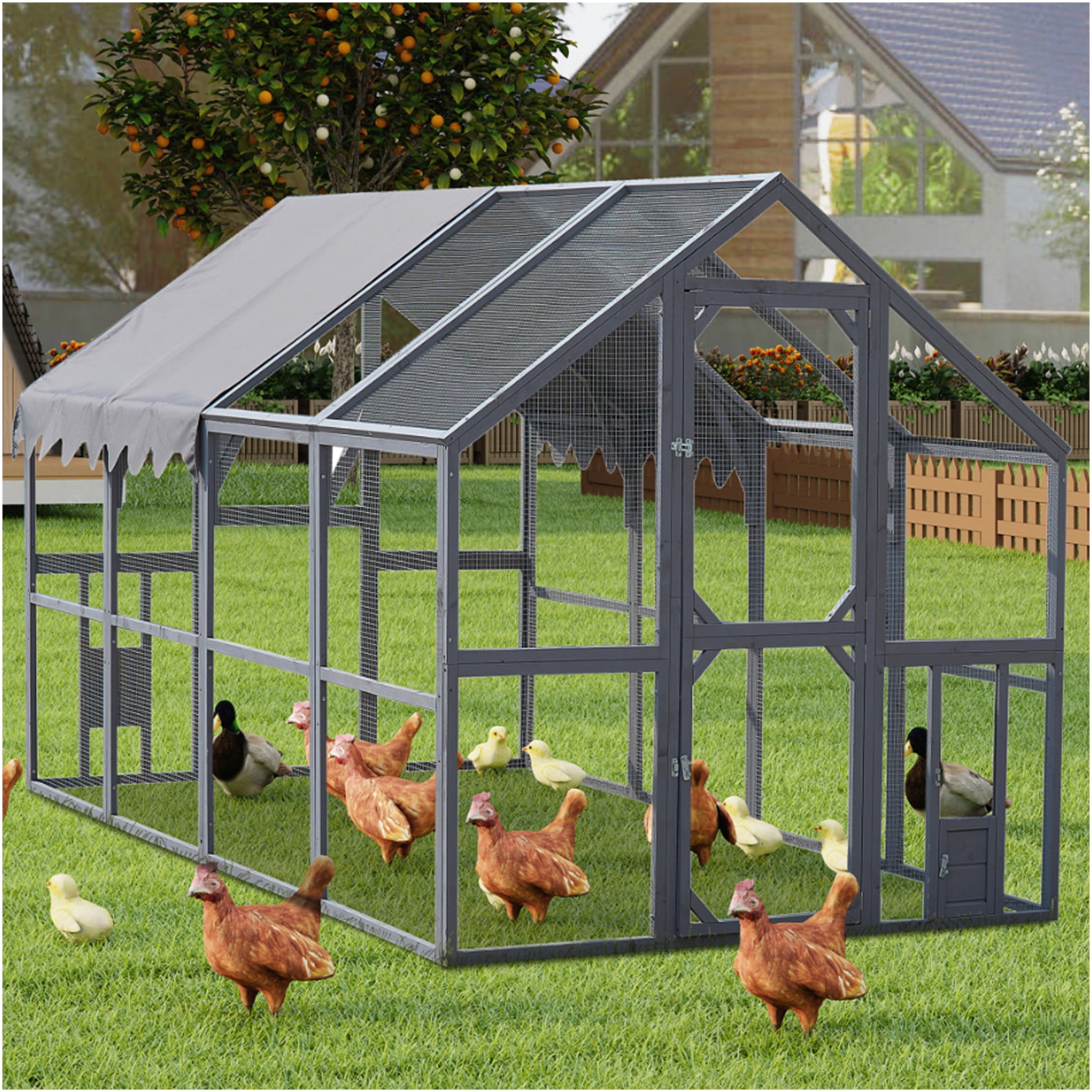 JERFIT Large Outdoor Cat Enclosure with Waterproof Cover, 110" Wooden Chicken Coop & Catio Playpen for Indoor Outdoor Cats, Kittens, Small Animals