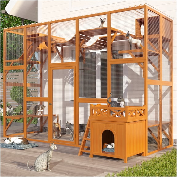 JERFIT Large Outdoor Catio Enclosure with Roof, Weatherproof Cat Playpen with Litter Box Area, Multi-Level Cat House with Ramps, Bridges & Perches for Cats, Rabbits, Small Pets