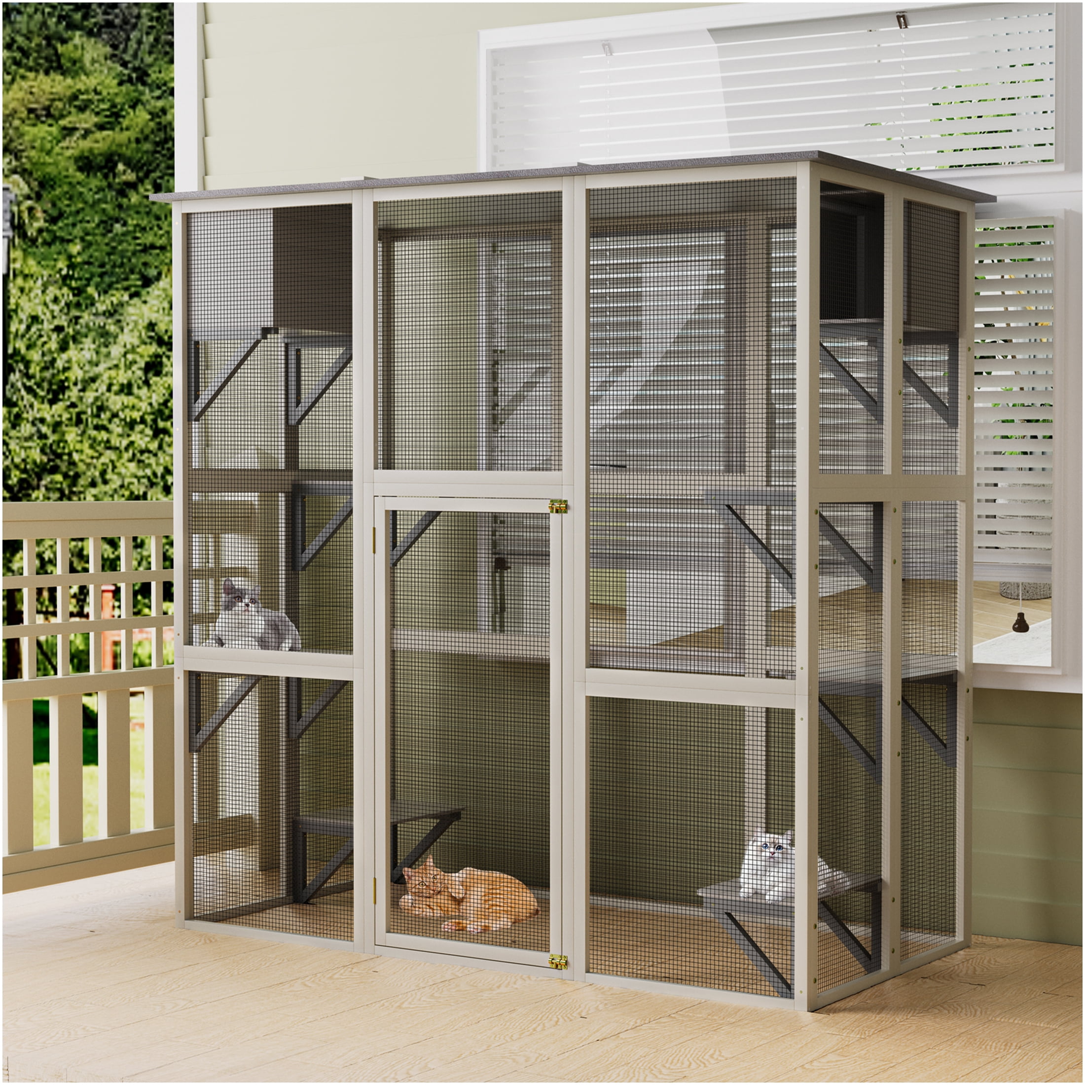 JERFIT Large Outdoor Catio Enclosure with Weatherproof Roof, Multi-Level Cat Playpen with 6 Platforms, 2 Napping Boxes, Solid Wood Gray Kennel for Indoor Outdoor Cats