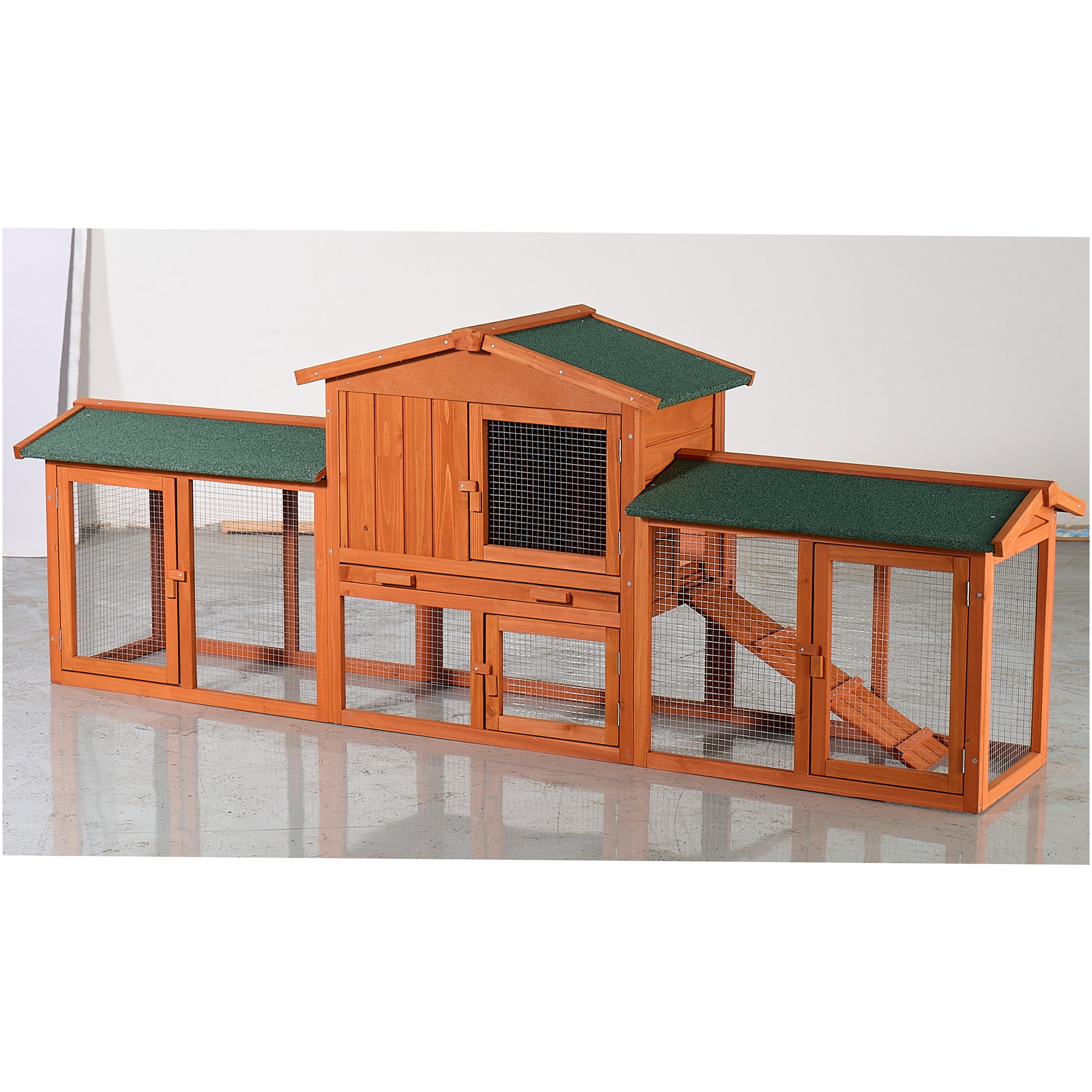 JERFIT Large Outdoor Rabbit Hutch with Run, Wooden Bunny Cage House, Waterproof Roof, Pull Out Tray, Ramp for Rabbits, Chickens, Guinea Pigs