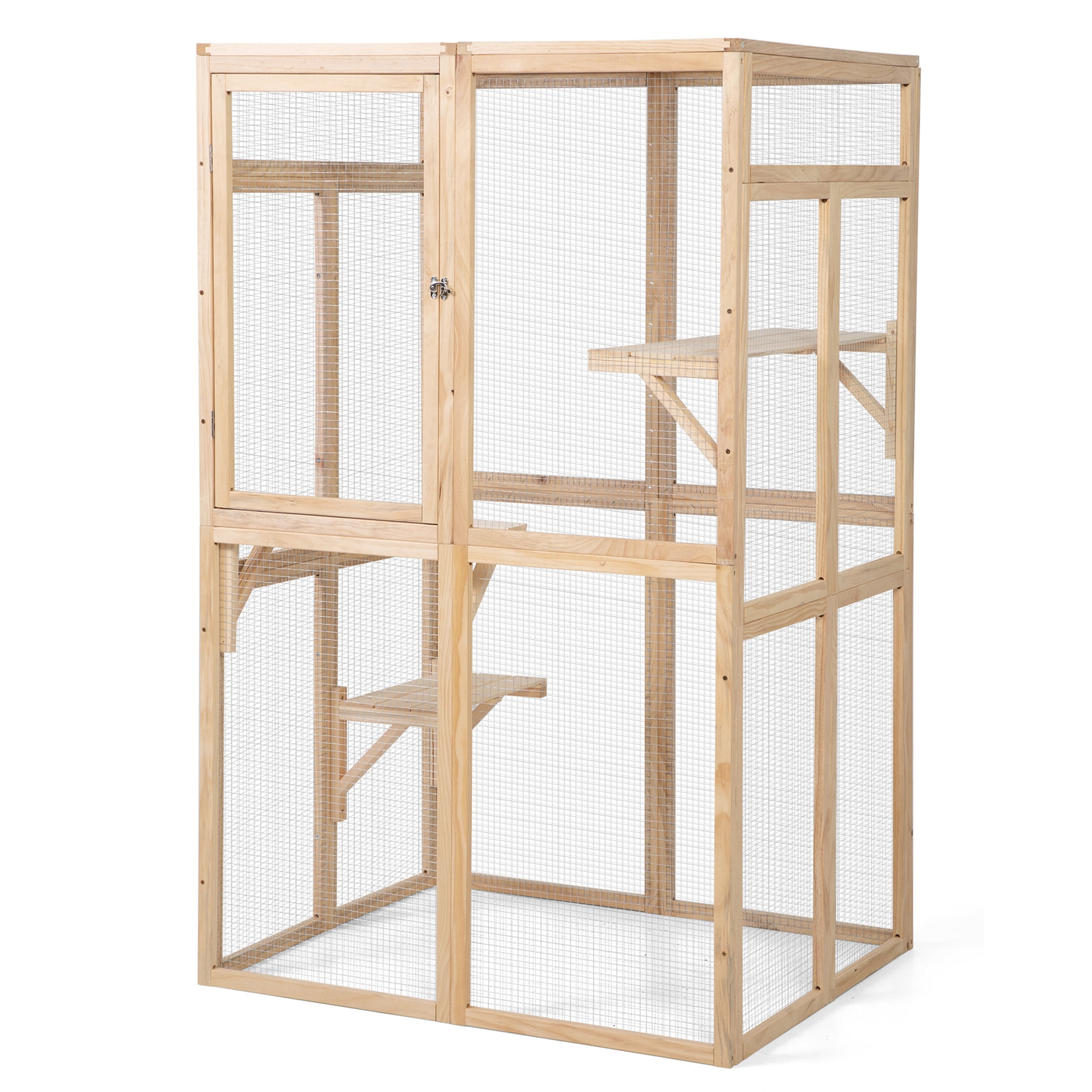 JERFIT Large Outdoor Wooden Catio Enclosure with Sunroof, Platforms & Hammock for Indoor Outdoor Cats, Weatherproof Cat House Cage Condo in Burly Wood