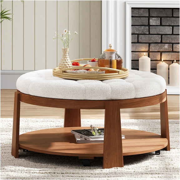 JERFIT Large Round Ottoman Coffee Table with Storage Shelf, Waterproof Button Tufted Upholstered Ottoman Footrest with Wheels for Living Room, Ivory White