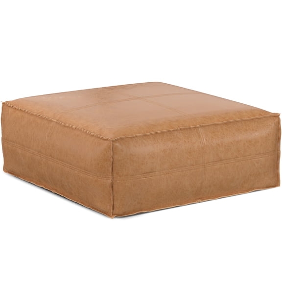 JERFIT Large Square Ottoman Pouf, Faux Leather Footrest Stool with Storage for Living Room, Light Brown