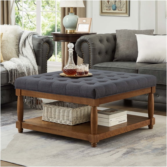 JERFIT Large Square Storage Ottoman Coffee Table with Shelf, Tufted Linen Fabric Footrest Bench, Charcoal