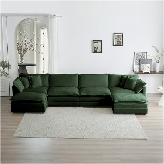 JERFIT Large U-Shaped Sectional Sofa with Reversible Chaise & Double Ottomans, Green Chenille Fabric, Modular Design for Living Room