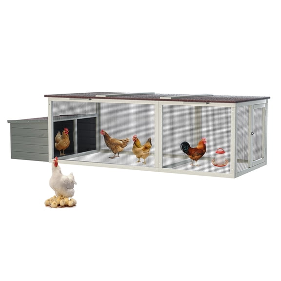 JERFIT Large Walk-In Chicken Coop with Run, 20.93 sq ft Outdoor Wooden Hen House with Nesting Box, Weatherproof Asphalt Roof, Gray Poultry Cage for Backyard Chickens