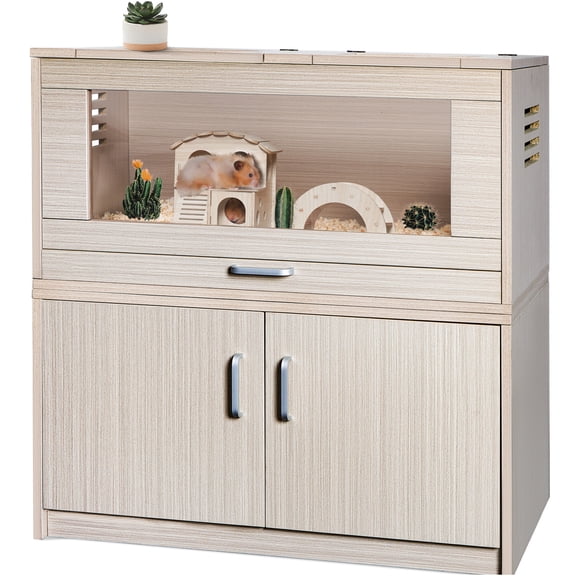 JERFIT Large Wooden Guinea Pig Cage with Storage Cabinet & Openable Top, Natural Wood Hutch Habitat for Hamster, Rat, Chinchilla with Acrylic View Windows